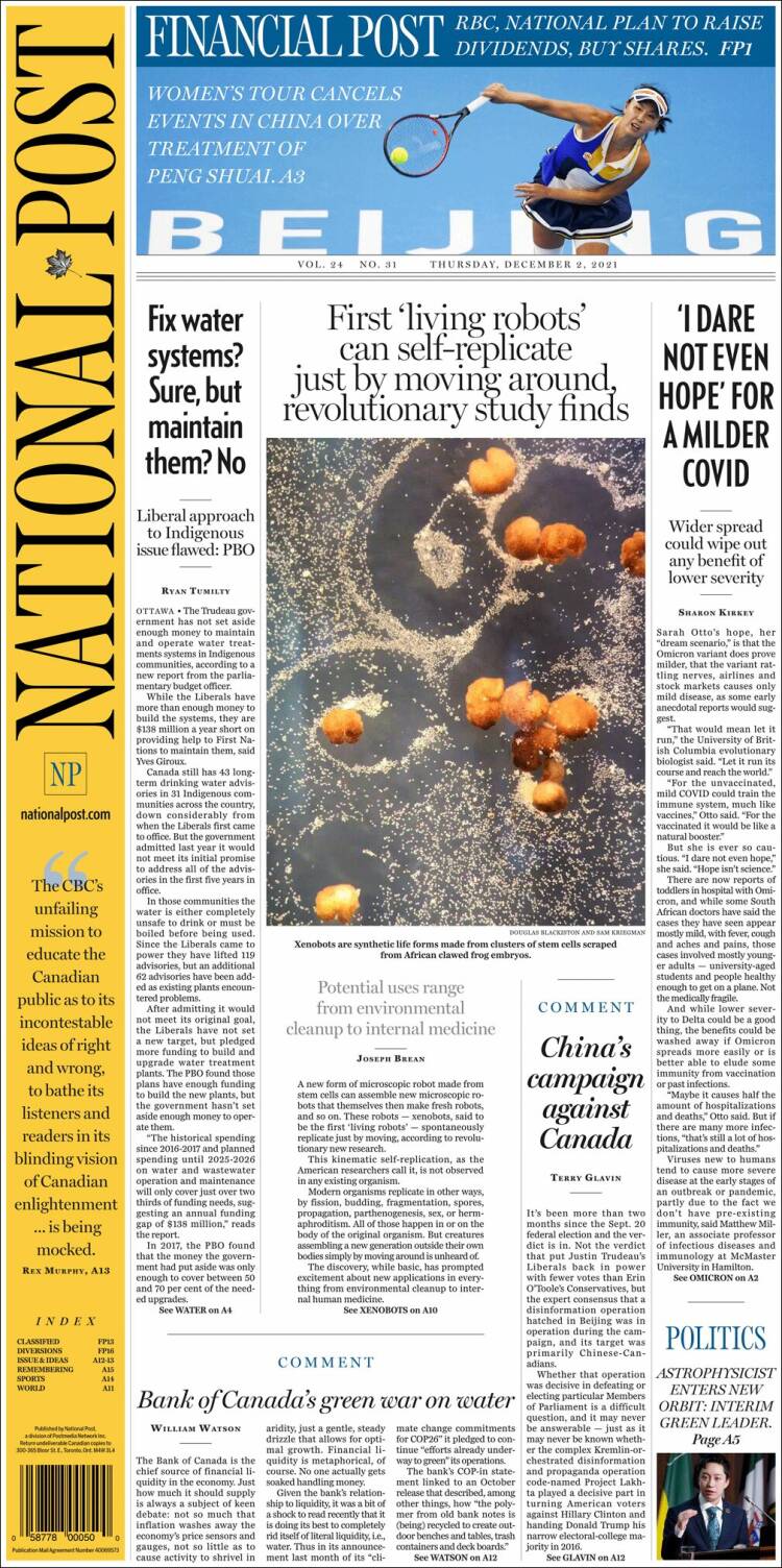 Portada de The National Post (Canadá)