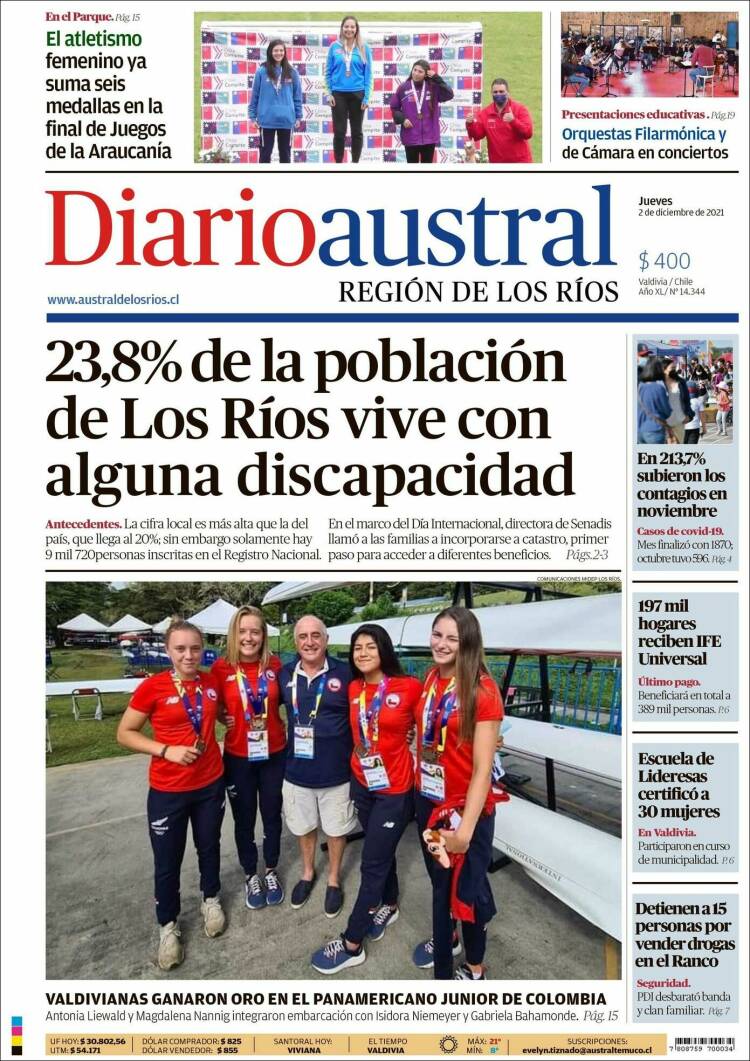 Portada de El Diario Austral de Valdivia (Chile)