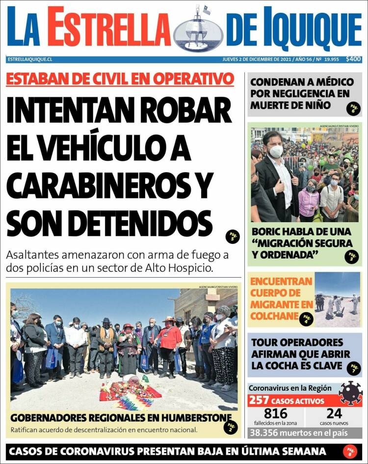 Portada de La Estrella de Iquique (Chile)