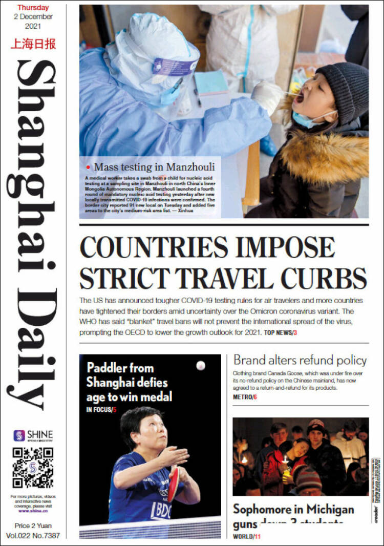 Portada de Shanghai Daily (China)