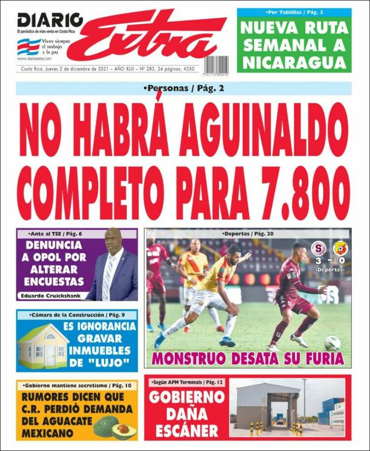 Portada de Diario Extra (Costa Rica)