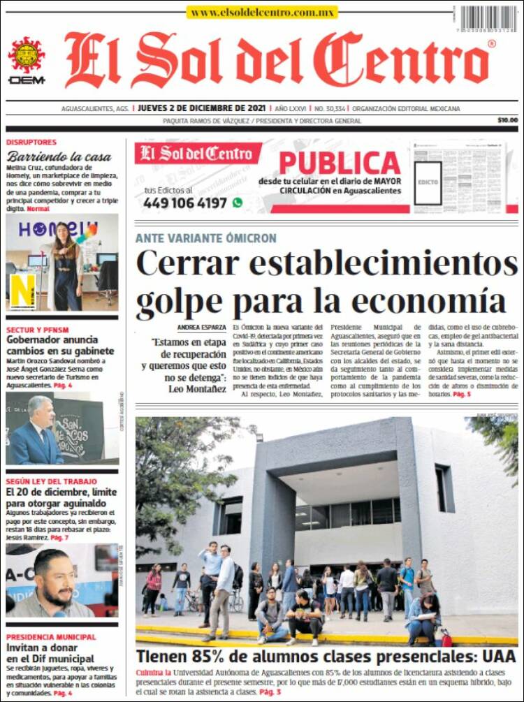 Portada de El Sol del Centro (M&eacute;xico)