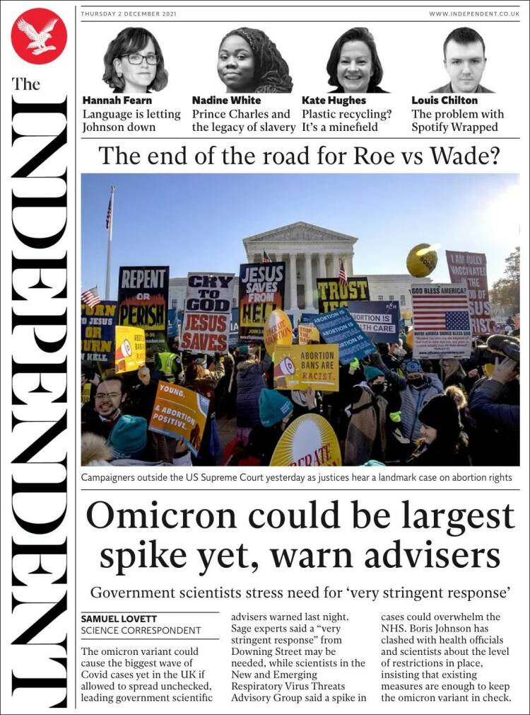Portada de The Independent (Reino Unido)
