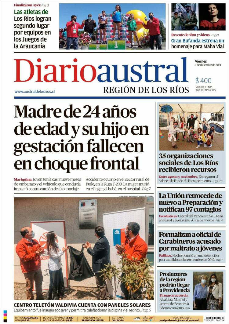 Portada de El Diario Austral de Valdivia (Chile)