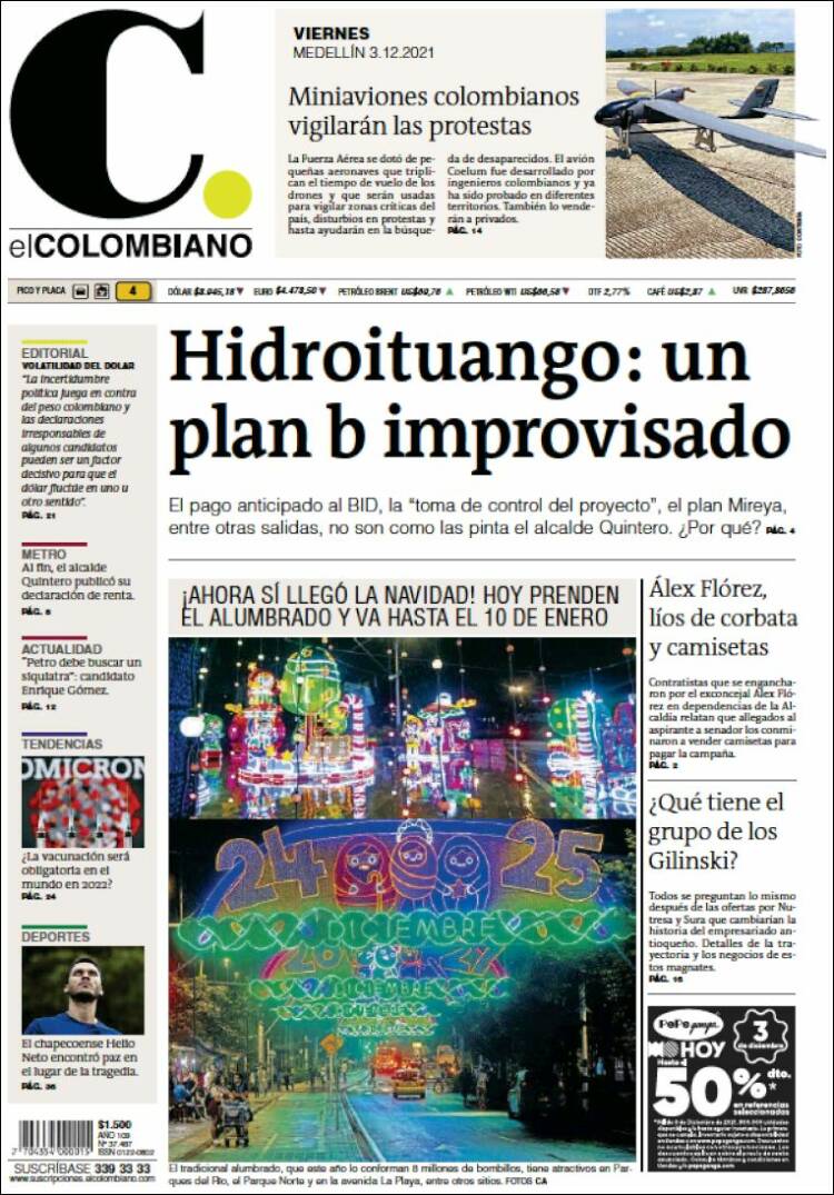 Portada de El Colombiano (Colombia)