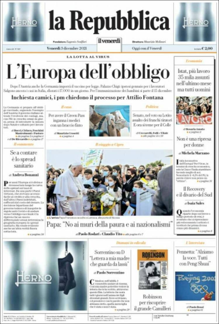 Portada de La Repubblica (Italia)