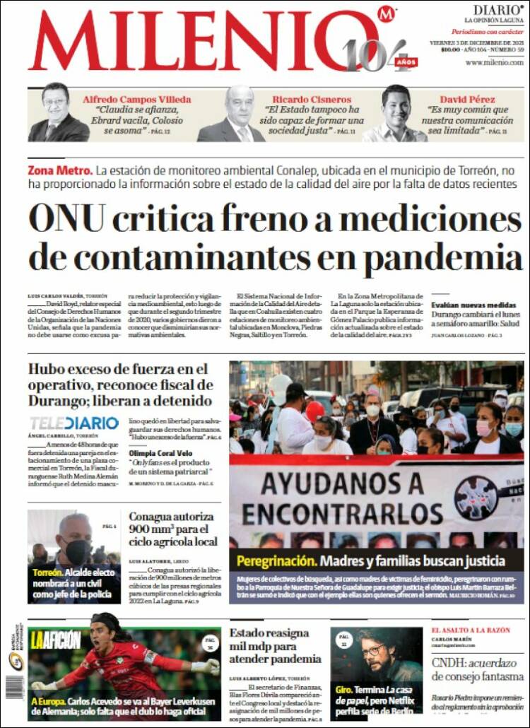 Portada de Milenio - Laguna (México)