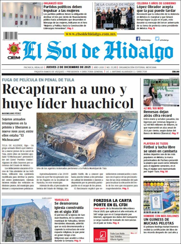 Portada de El Sol de Hidalgo (México)