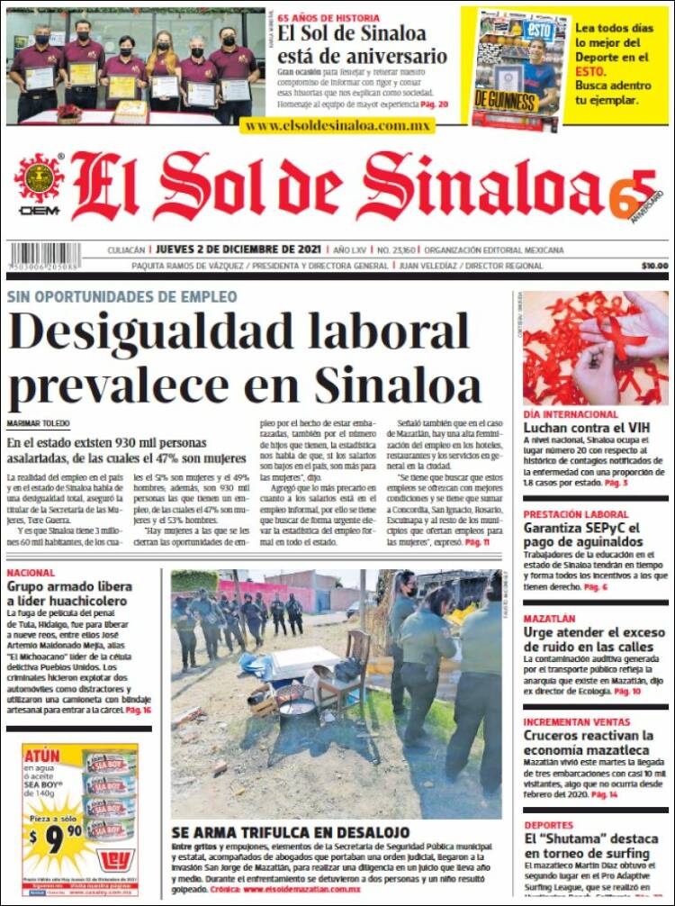 Portada de El Sol de Sinaloa (México)