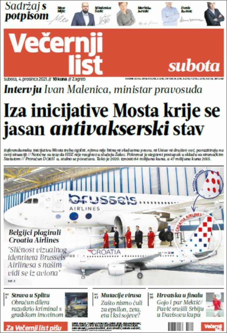 Portada de Večernji (Croatie)