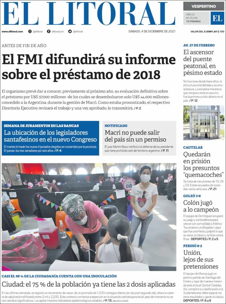 Portada de Diario El Litoral (Argentina)