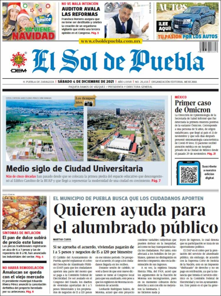 Portada de El Sol de Puebla (M&eacute;xico)