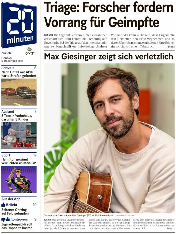 Portada de 20Minuten - Zürich (Suiza)