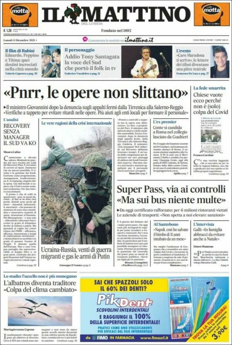Portada de Il Mattino (Italia)