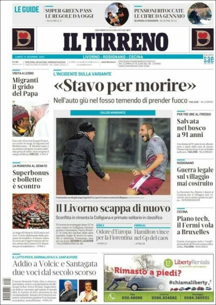 Portada de Il Tirreno (Italia)