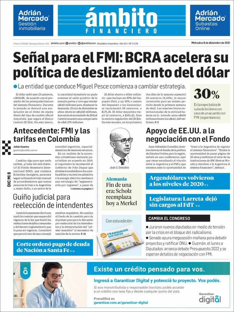 Portada de Diario Ambito Financiero (Argentina)