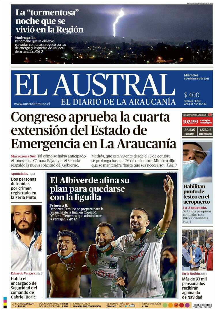 Portada de El Austral de Temuco (Chile)