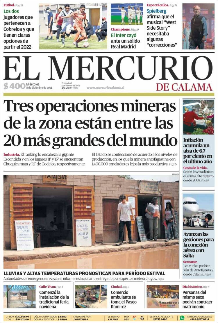 Portada de El Mercurio - Calama (Chile)