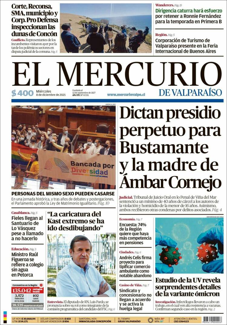 Portada de Mercurio de Valparaiso (Chile)