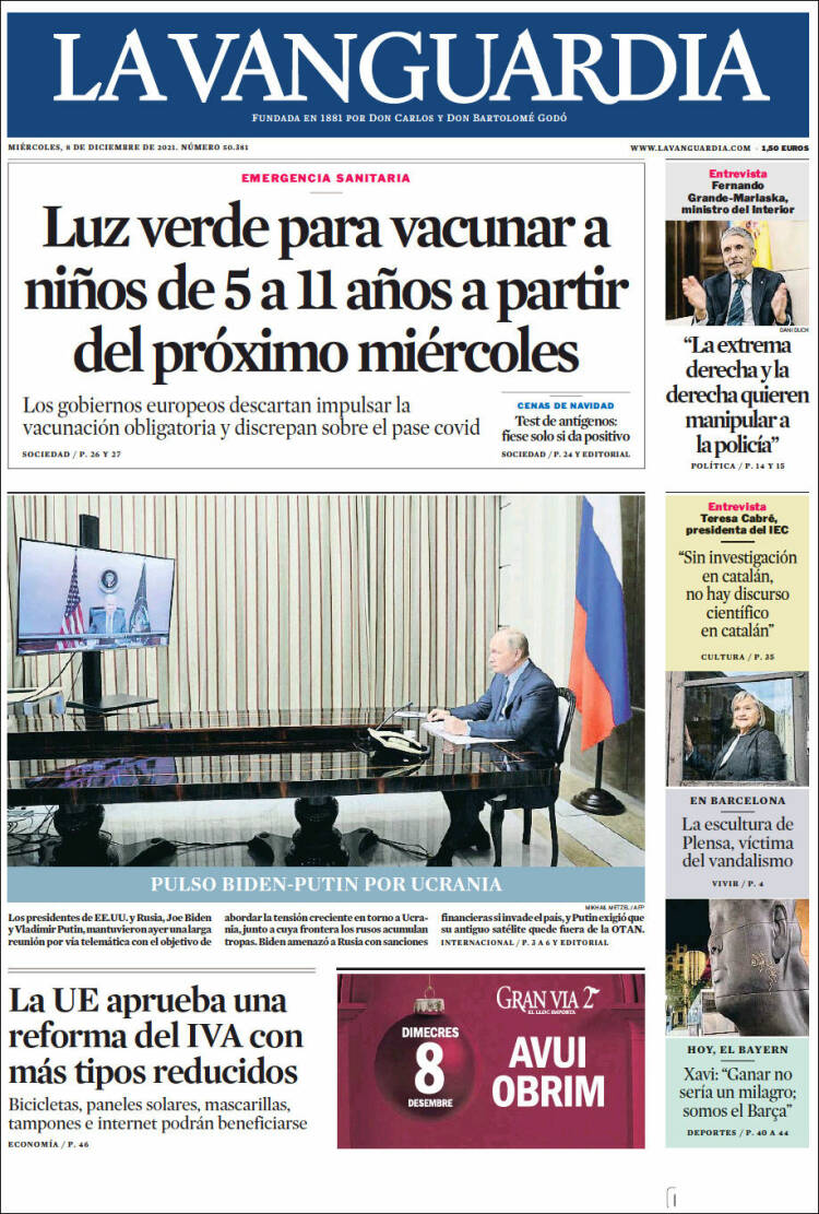 Portada de La Vanguardia (Espagne)