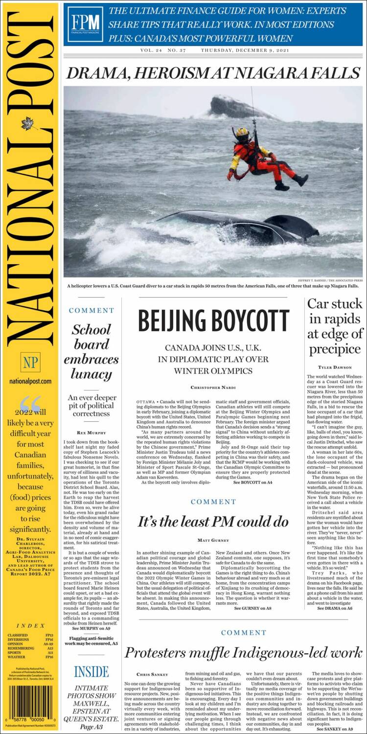 Portada de The National Post (Canada)