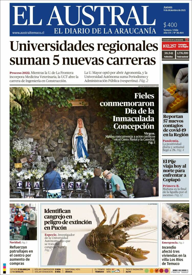 Portada de El Austral de Temuco (Chile)