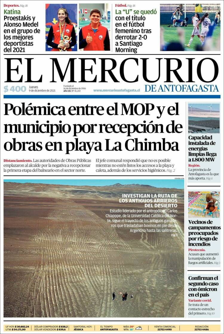 Portada de El Mercurio de Antofagasta (Chile)