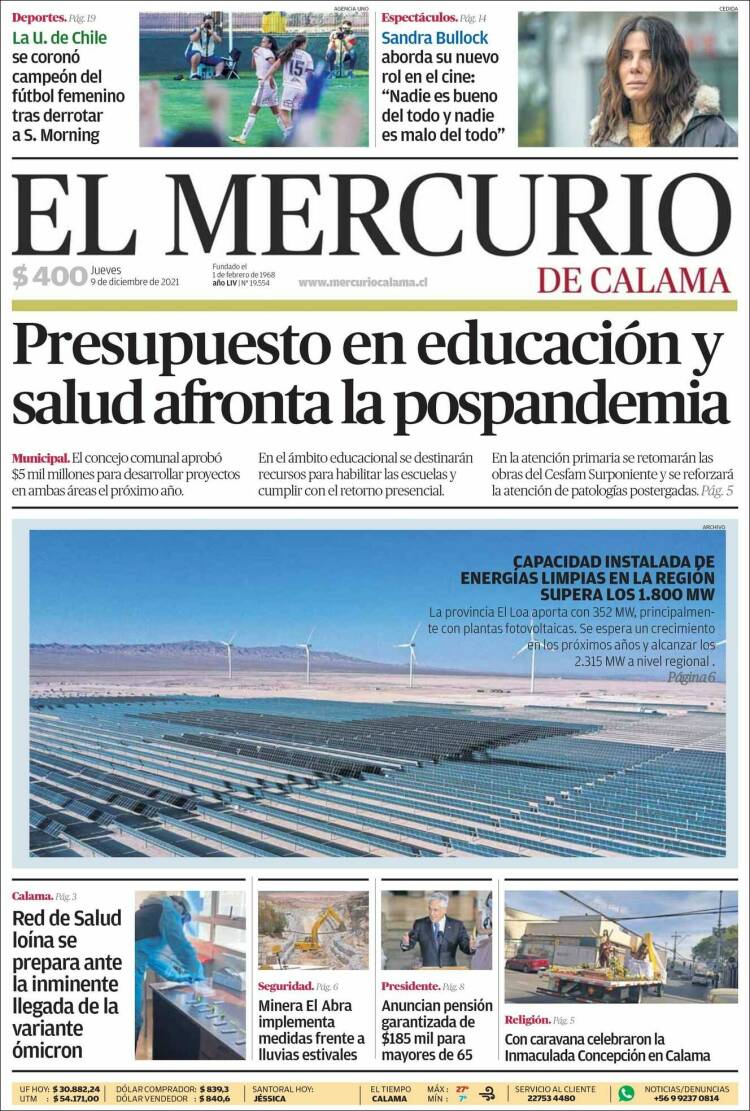 Portada de El Mercurio - Calama (Chile)