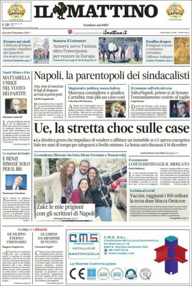 Portada de Il Mattino (Italia)