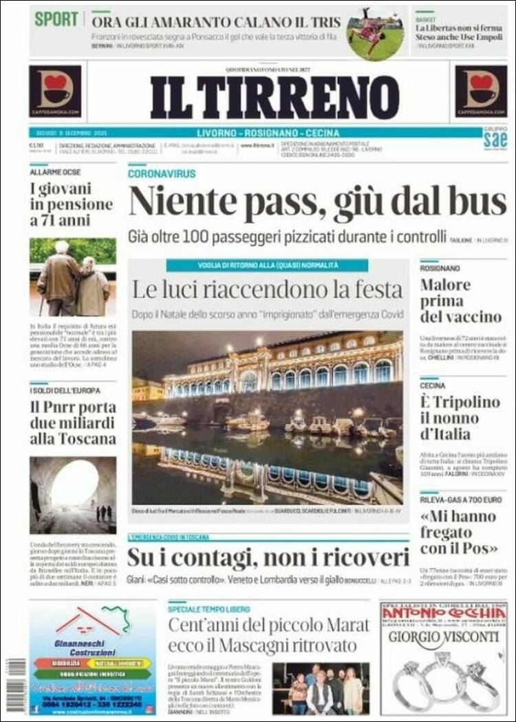 Portada de Il Tirreno (Italia)