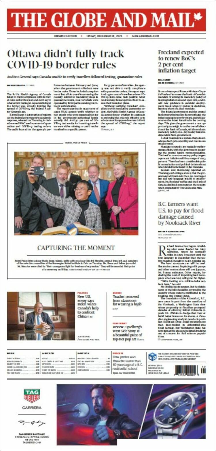 Portada de The Globe and Mail (Canad&aacute;)