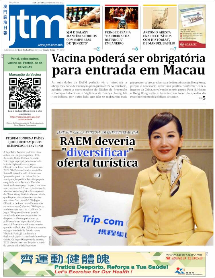 Portada de Jornal Tribuna de Macau (China)