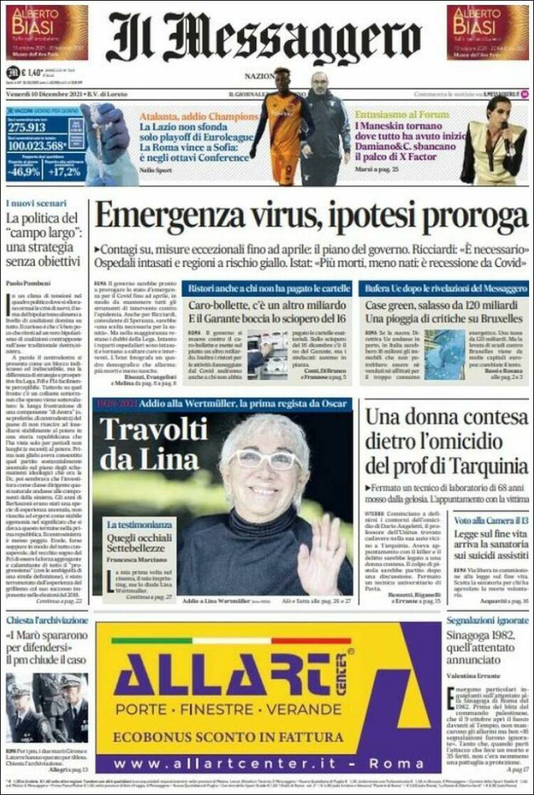 Portada de Il Messaggero (Italia)