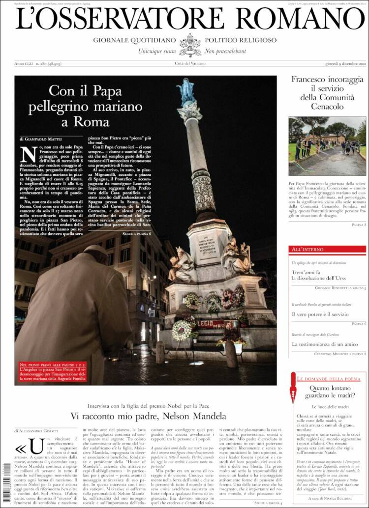 Portada de L'Osservatore Romano (Italia)