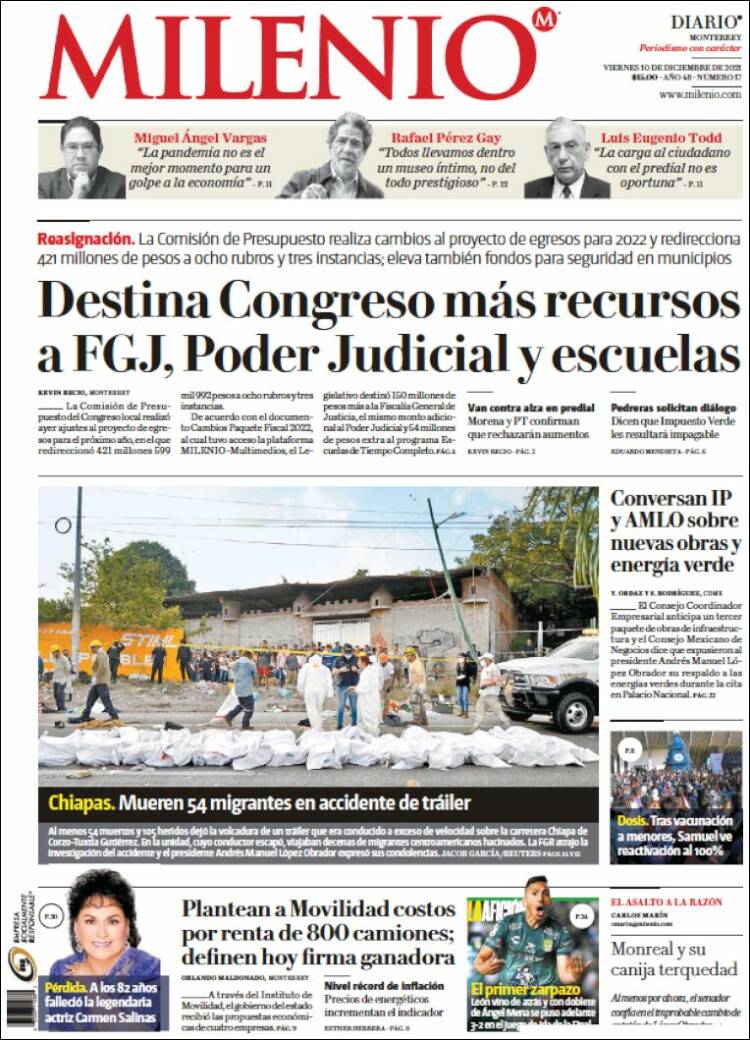 Portada de Milenio de Monterrey (México)