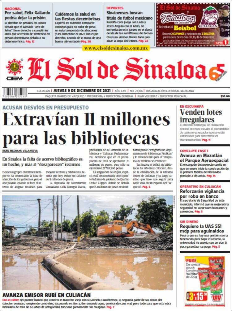 Portada de El Sol de Sinaloa (México)