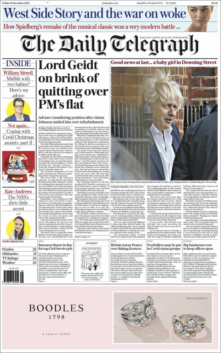 Portada de Daily Telegraph (Reino Unido)