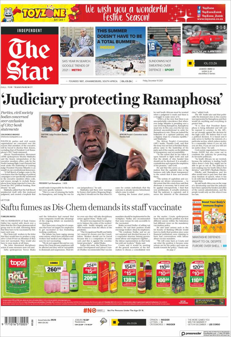 Portada de The Star (Sud&aacute;frica)