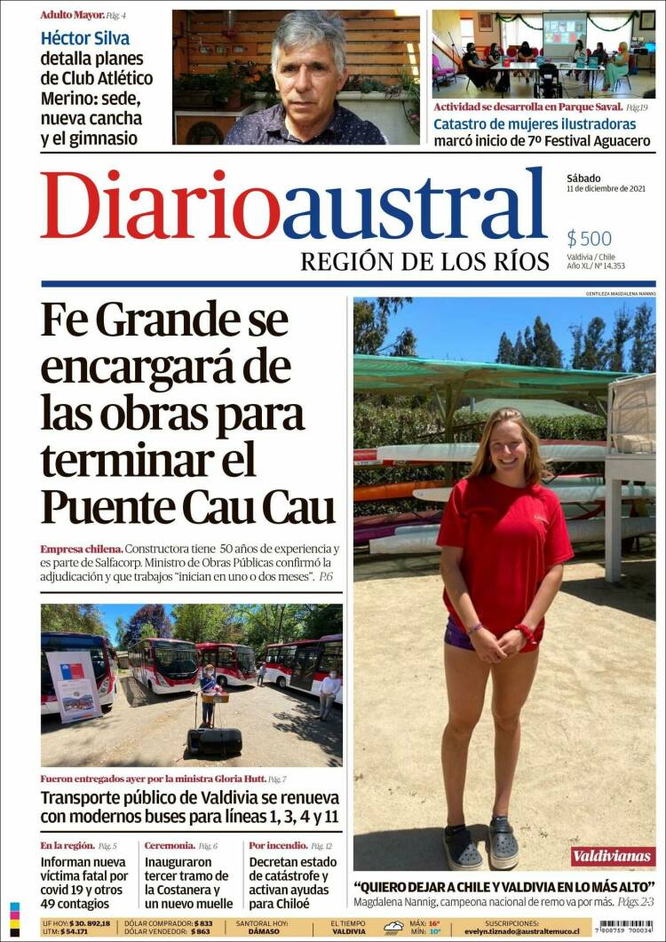 Portada de El Diario Austral de Valdivia (Chile)