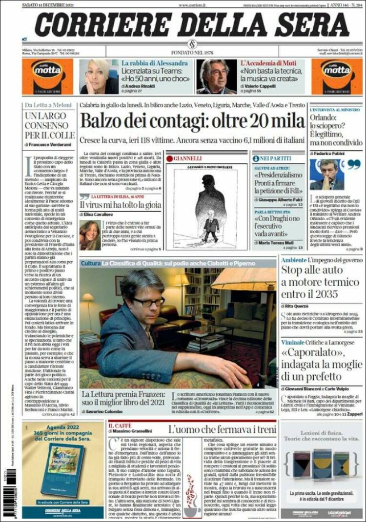Portada de Corriere della Sera (Italia)