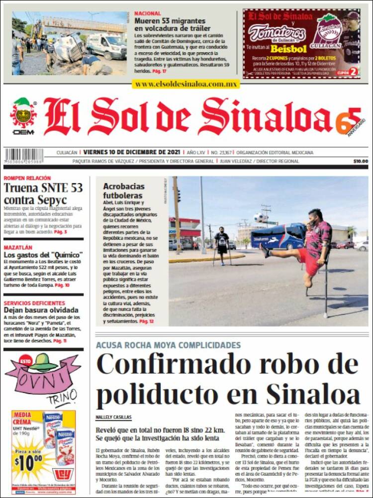 Portada de El Sol de Sinaloa (México)