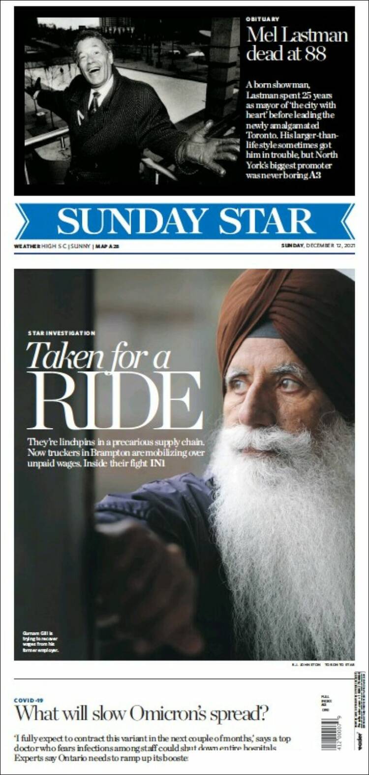 Portada de The Toronto Star (Canada)