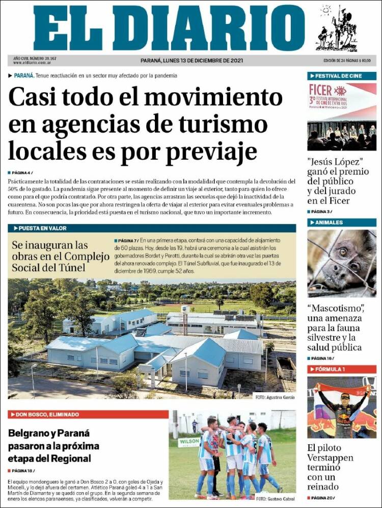 Portada de El Diario de Paraná (Argentina)