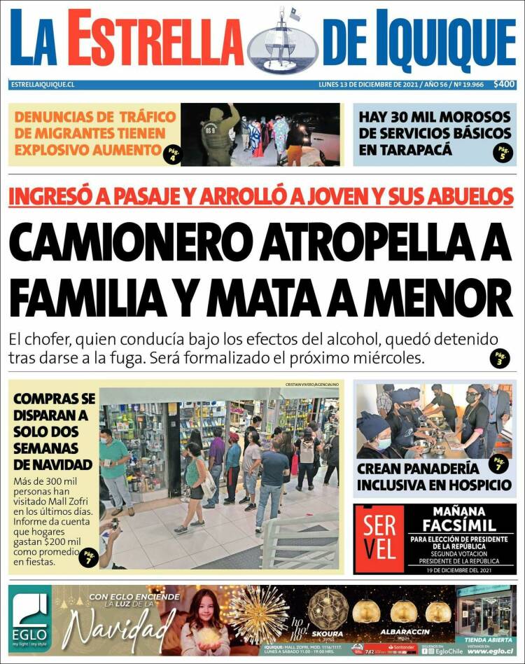Portada de La Estrella de Iquique (Chile)