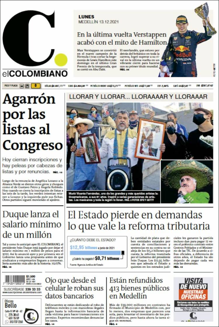 Portada de El Colombiano (Colombia)