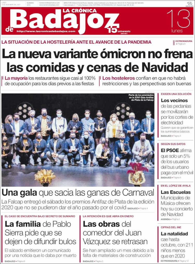 Portada de La Crónica de Badajoz (Espa&ntilde;a)