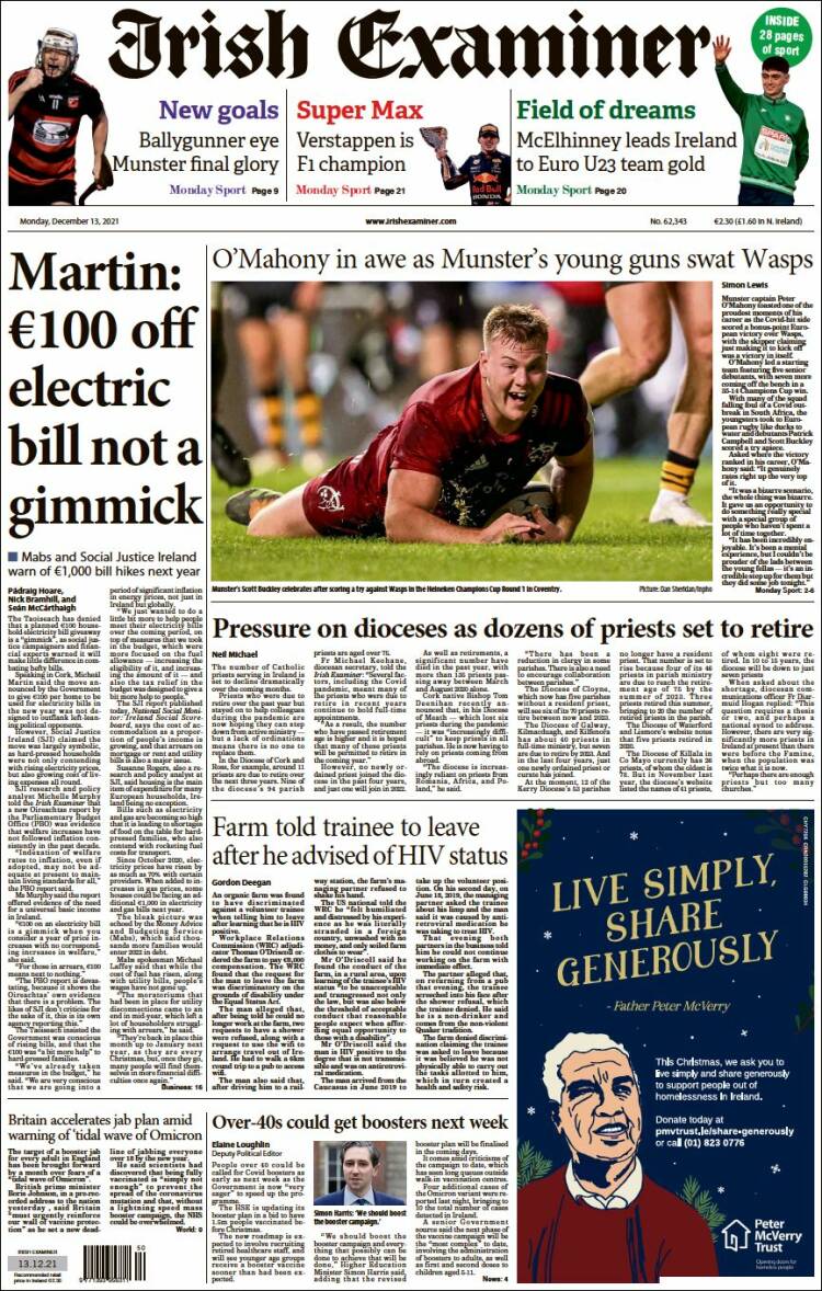 Portada de Irish Examiner (Irlanda)