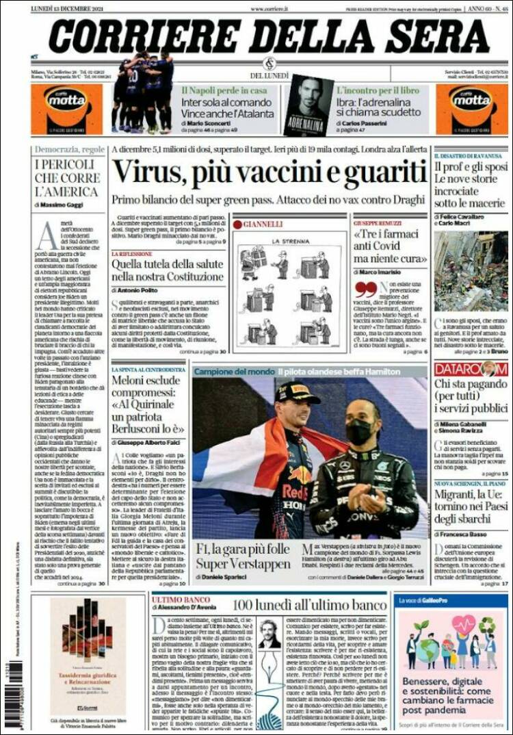Portada de Corriere della Sera (Italia)