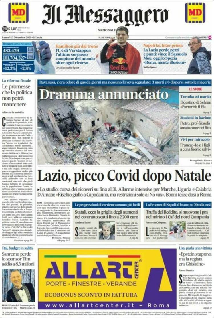 Portada de Il Messaggero (Italia)