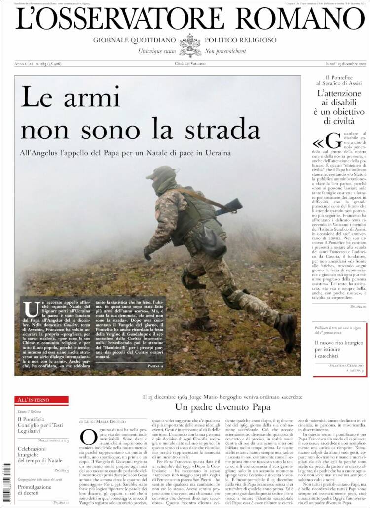 Portada de L'Osservatore Romano (Italia)